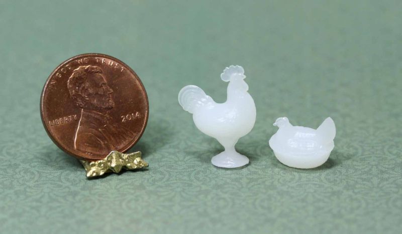 Dollhouse Miniature Chrynsbon Rooster & Hen Dish Set in White ~ CB152 