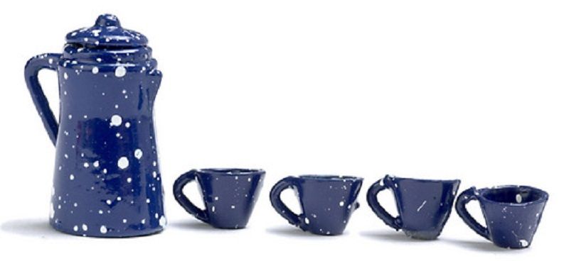 Blue Spatterware Coffee Pot and Cups Set