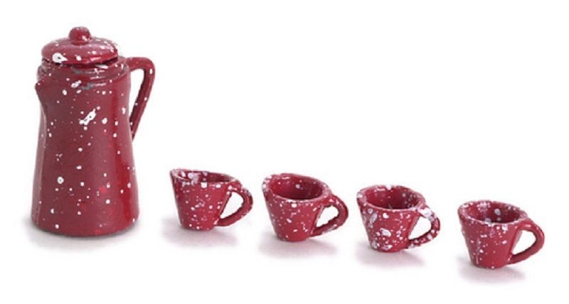 Red Spatterware Coffee Pot and Cups