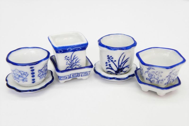 Set of 4 Blue & White Ceramic Flower Pots with Saucers