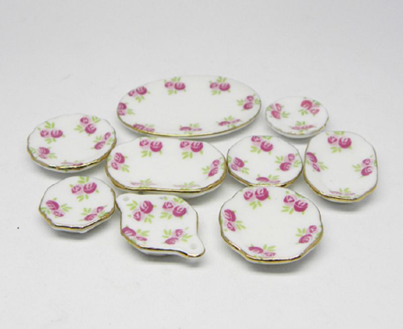 Set of 10 Porcelain Platters with Rose Design