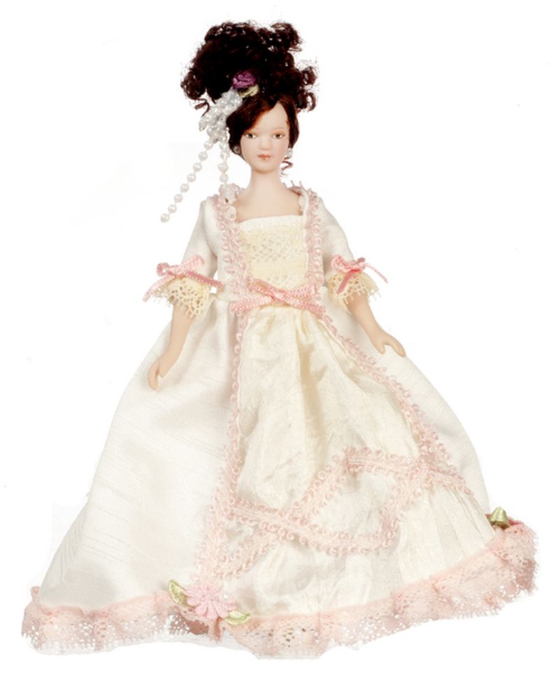 Porcelain Doll Lady in White & Peach Lace Gown