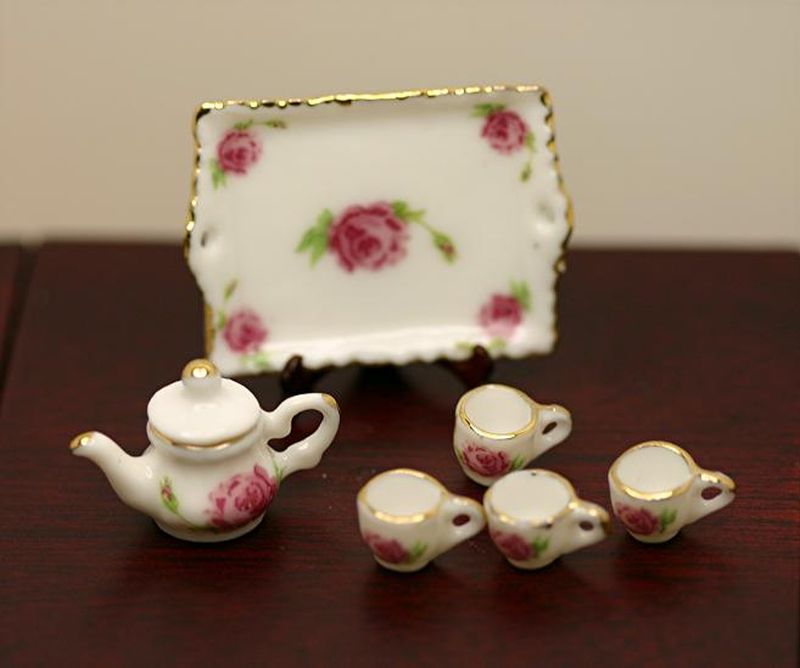Pink Roses Design Teapot & Cups on Tray