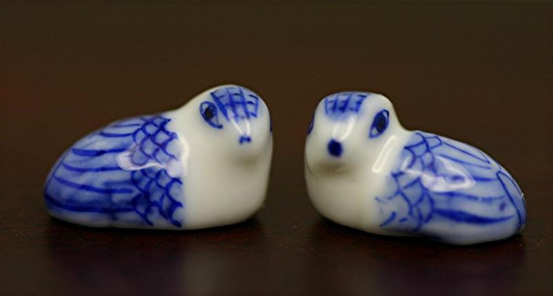 Pair of Tiny Blue and White Porcelain Birds