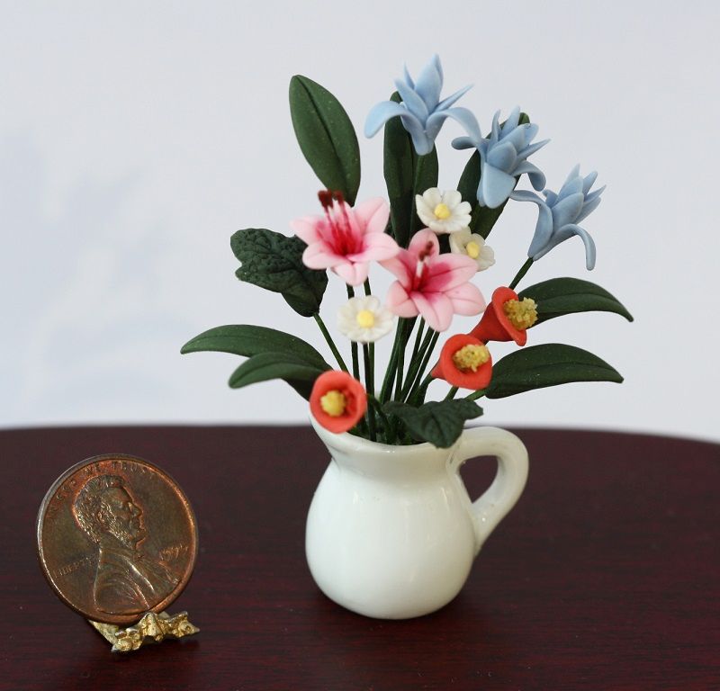 Bouquet of Pink, Blue, Orange & White Flowers in a Porcelain Vase