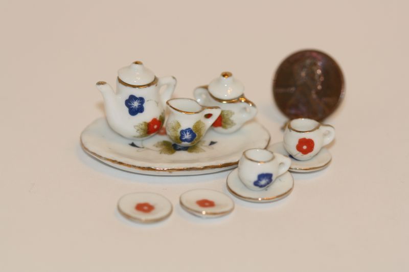 Ceramic Tea Set for Two w/ Blue & Red Flowers