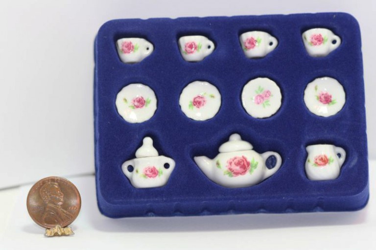 Tea Set with a Single Pink Rose - Dollhouses and More