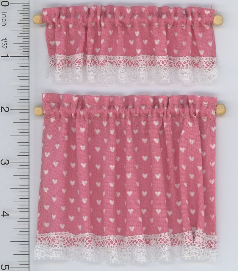 1:12 Scale Cottage Curtains in Nursery Hearts Pink by Barbara O'Brien