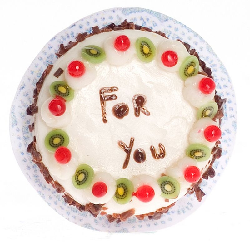 Cake on Doily Topped w/Kiwi & Cherries by Falcon Miniatures