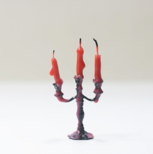 Black Halloween Artisan Candelabra Filled with Red Wax Melted Candles