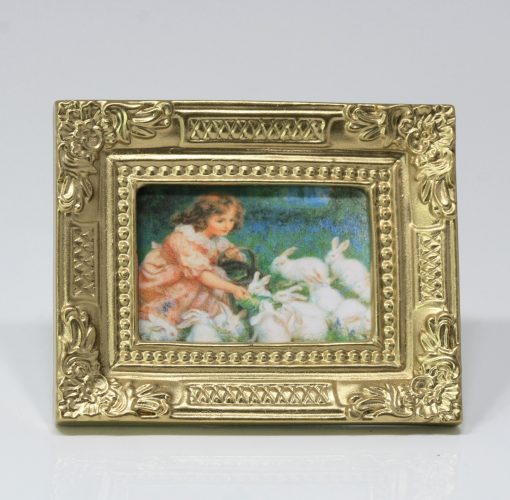 Young Girl Feeding Rabbits in Gold Embossed Frame