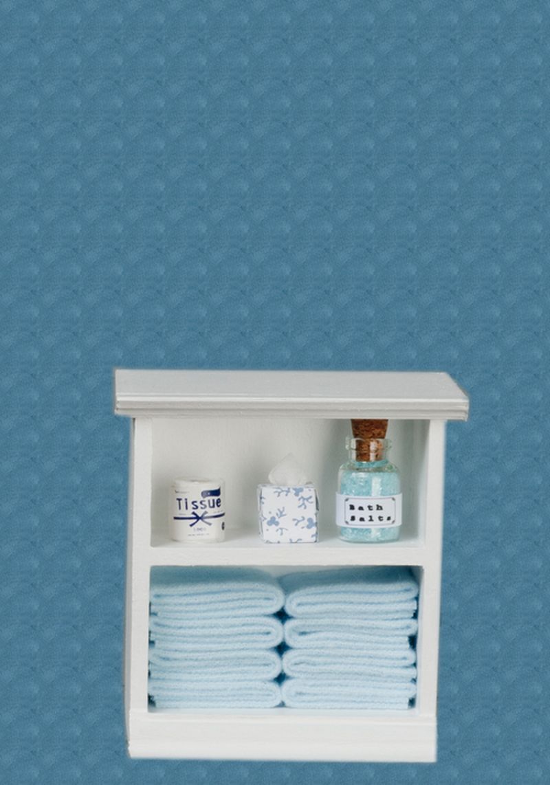 Low Height Filled Bath Cabinet in Blue by Town Square Miniatures