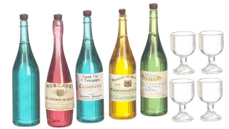 Wine & Champagne Bottles w/Glasses by Miniatures World