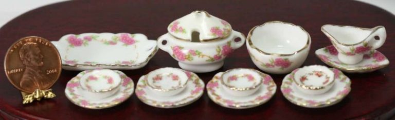 Pink Floral Ceramic Dinner Set Trimmed in Gold - Dollhouses and More