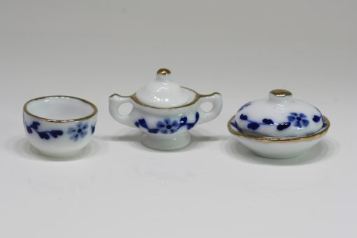 Blue Floral Soup Tureen and Bowl Set of 3 Trimmed in Gold
