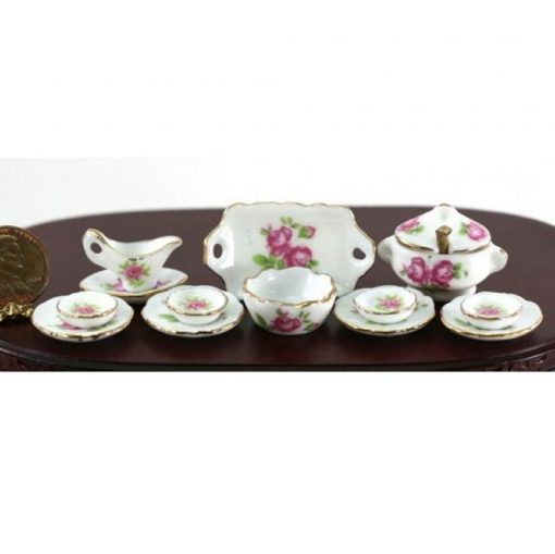 Pink Roses Floral Ceramic Dinner Set Trimmed in Gold