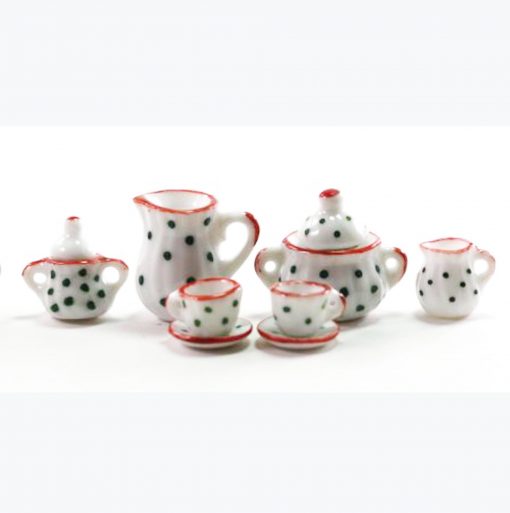 Swiss Dot Tea Set in White with Green Dots & Orange Trim