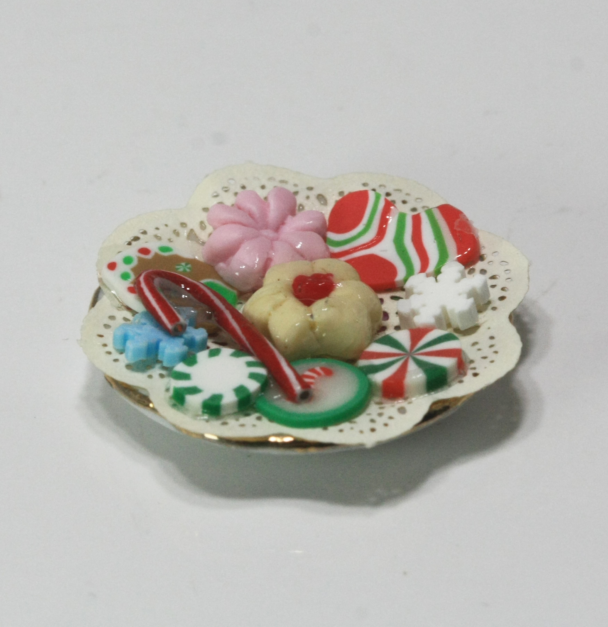 Miniature Artisan Plate of Christmas Holiday Cookies on a Gold Trimmed Plate