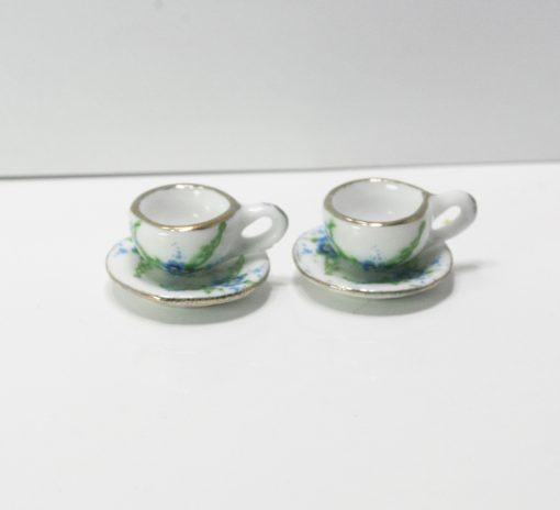 Set of 2 Blue and Green Floral Teacups with Saucers 