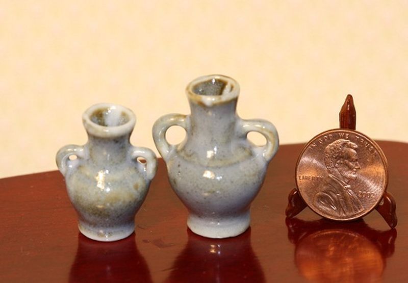 Set of Two Ceramic Glazed Vases in Blue/Gray Color