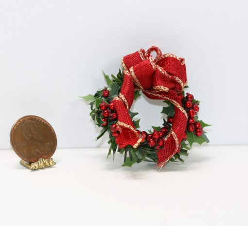 Holiday Christmas Wreath w/Red & Gold Ribbon