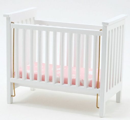 Slatted Nursery Crib in White with Pink Fabric by Handley House
