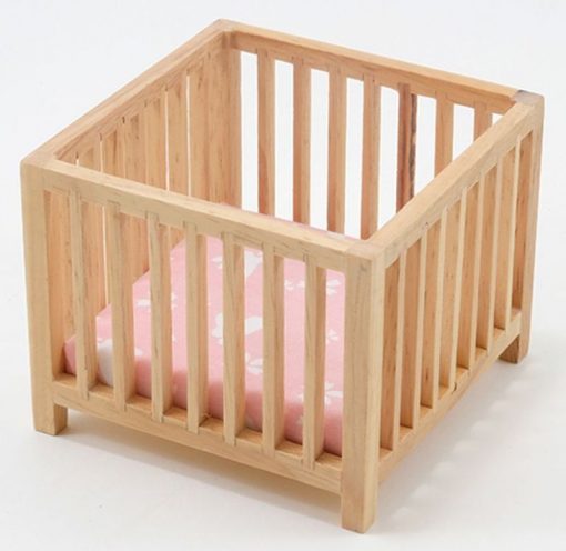 Slatted Play Pen Crib in Oak with Pink Fabric by Handley House