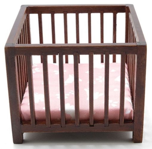 Slatted Play Pen Crib in Walnut with Pink Fabric by Handley House