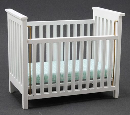 Slatted Nursery Crib in White with Blue Fabric by Handley House
