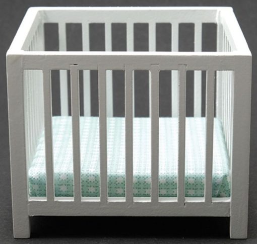 Slatted Play Pen Crib in White with Blue Fabric by Handley House