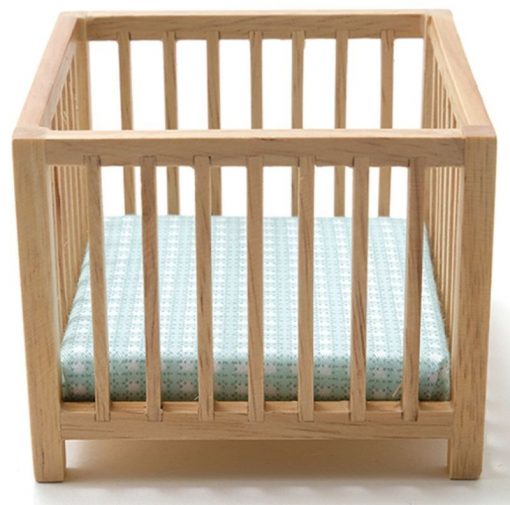 Slatted Play Pen Crib in Oak with Blue Fabric by Handley House