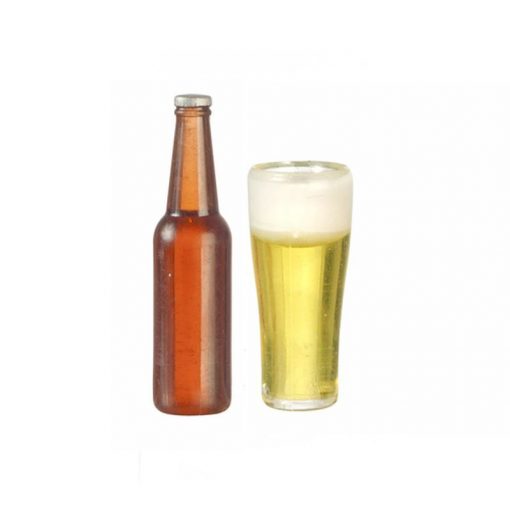 Brown Bottle of Beer with a Glass Set by Miniatures World