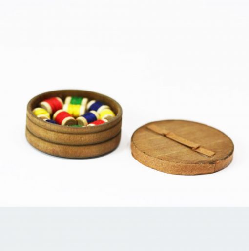 Round Wood Container Filled with Thread Spools