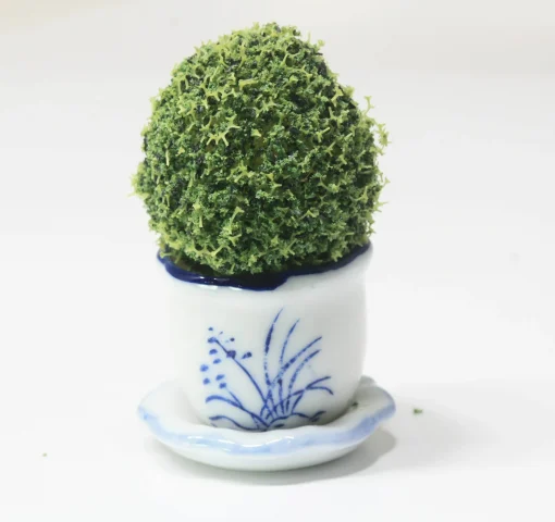 Artisan Round Topiary in a Navy and White Porcelain Pot with Saucer