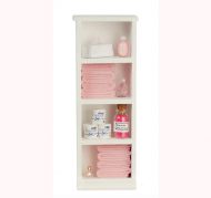 Narrow White Bath Cabinet with Pink Accessories by Town Square Miniatures