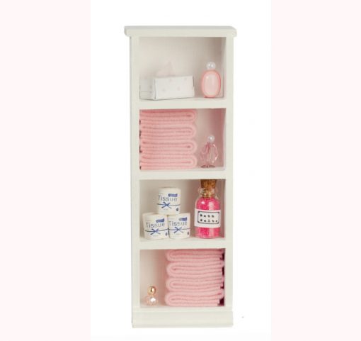 Narrow White Bath Cabinet with Pink Accessories by Town Square Miniatures