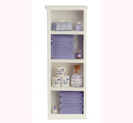 Narrow White Bath Cabinet with Lavender Accessories by Town Square Miniatures