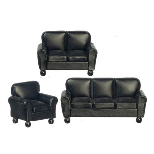 Black Faux Leather Sofa Set by Town Square Miniatures