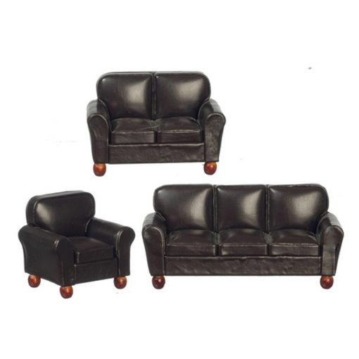 Brown Faux Leather Sofa Set by Town Square Miniatures