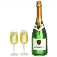 Green Champagne Bottle with 2 Filled Glasses by Miniatures World