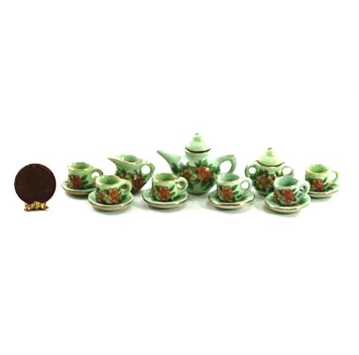 Green Tea Set with Orange and Yellow Floral Design