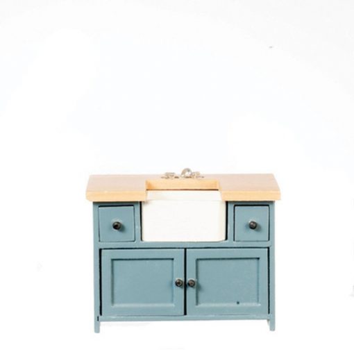 Farmhouse Blue Kitchen Sink Cabinet with Oak Countertop by Town Square Miniatures - Image 3