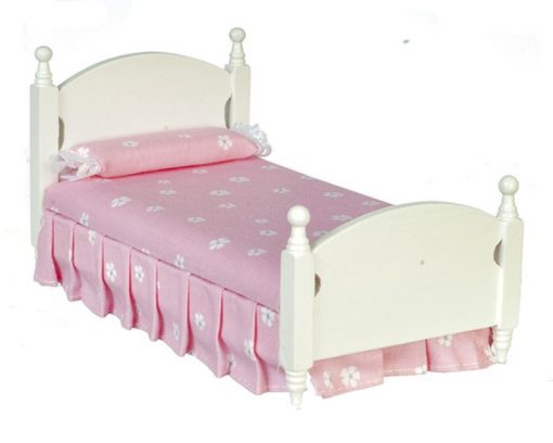 Single White Bed with Pink Floral Fabric by Town Square Miniatures