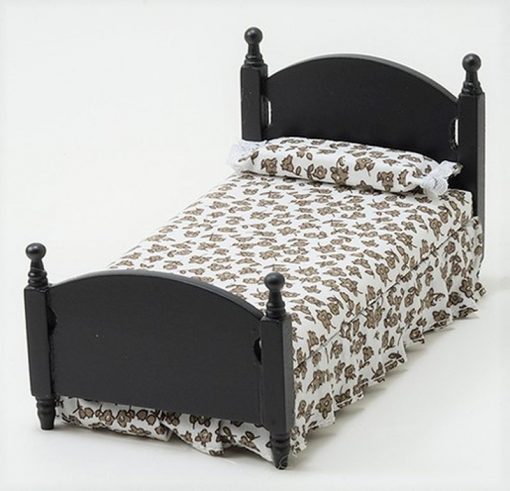 Single Black Bed with Brown Floral Fabric by Town Square Miniatures