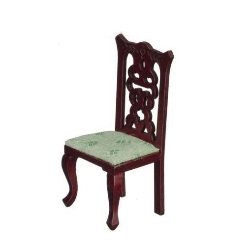 Mahogany Wood Dining Side Chair with Green Upholstery by Town Square Miniatures